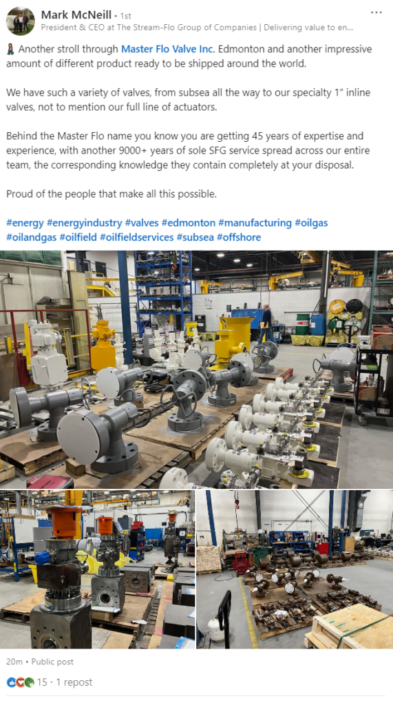Social media post from Master Flo President and CEO Mark McNeill highlighting a wide variety of products that were recently manufactured by our company.